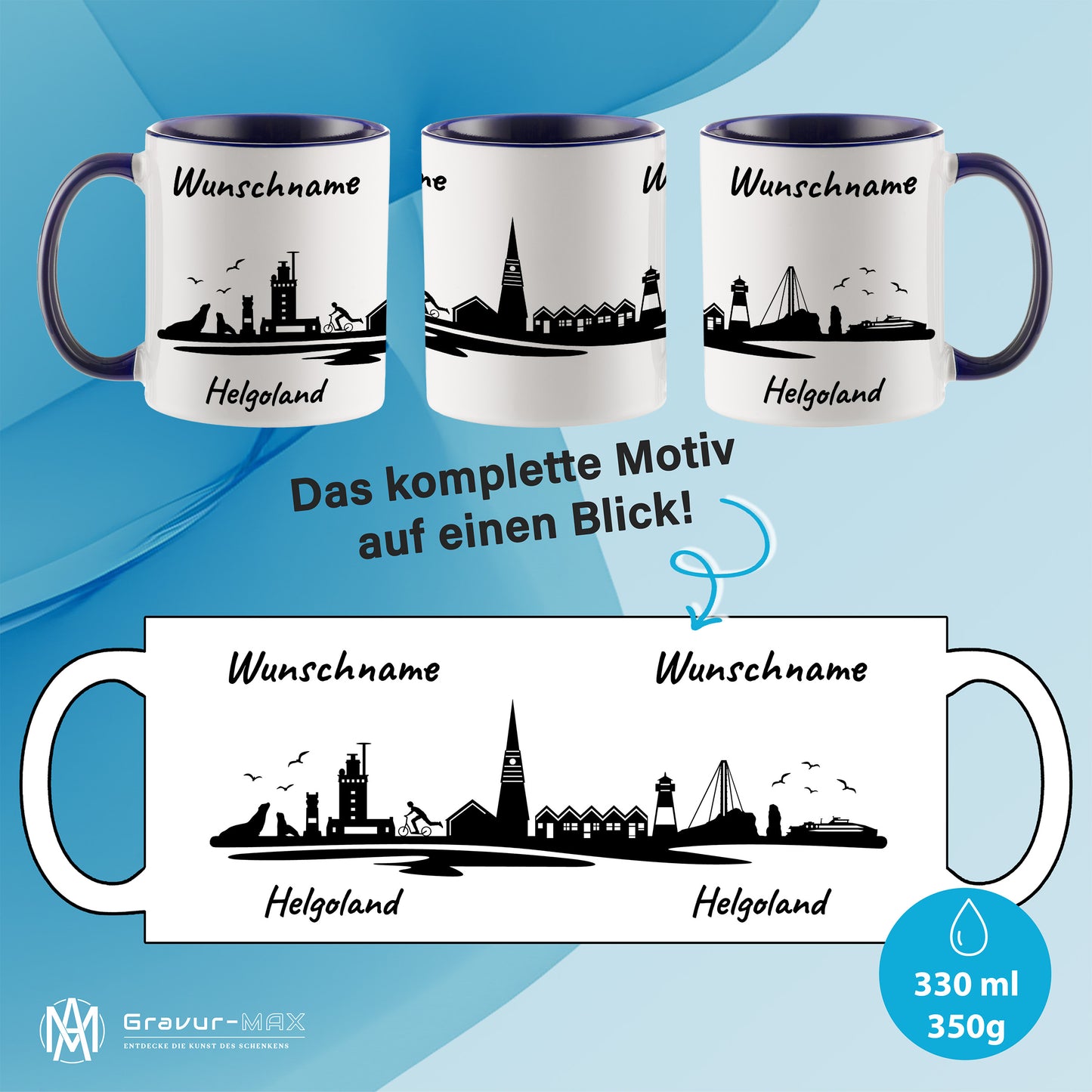 Tasse in Dunkelblau 330ml bedruckt mit der Skyline von Helgoland personalisierbar mit Wunschname