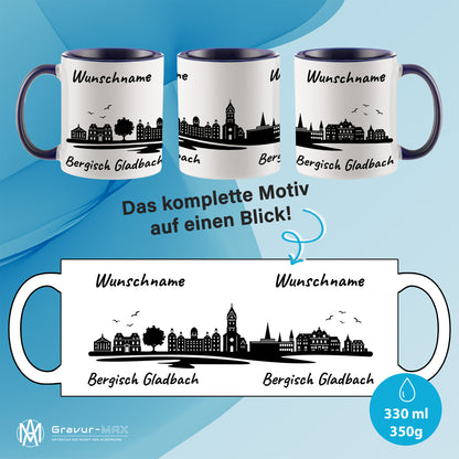 Tasse in Dunkelblau 330ml bedruckt mit der Skyline von Bergisch Gladbach personalisierbar mit Wunschname