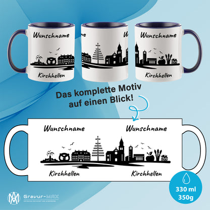 Tasse in Dunkelblau 330ml bedruckt mit der Skyline von Kirchhellen personalisierbar mit Wunschname