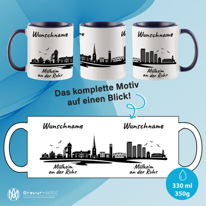 Tasse in Dunkelblau 330ml bedruckt mit der Skyline von Mülheim an der Ruhr personalisierbar mit Wunschname