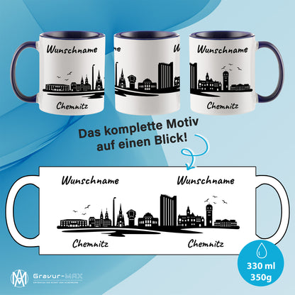 Tasse in Dunkelblau 330ml bedruckt mit der Skyline von Chemnitz personalisierbar mit Wunschname