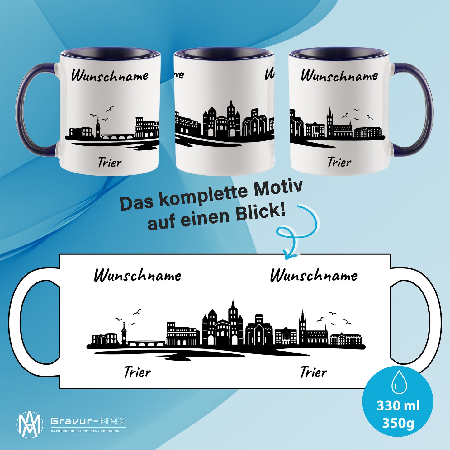 Tasse in Dunkelblau 330ml bedruckt mit der Skyline von Trier personalisierbar mit Wunschname
