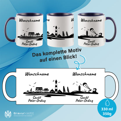 Tasse in Dunkelblau 330ml bedruckt mit der Skyline von Sankt Peter-Ording personalisierbar mit Wunschname