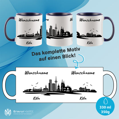 Tasse in Dunkelblau 330ml bedruckt mit der Skyline von Köln personalisierbar mit Wunschname