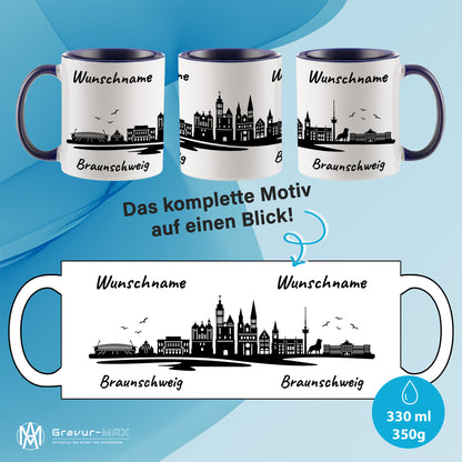 Tasse in Dunkelblau 330ml bedruckt mit der Skyline von Braunschweig personalisierbar mit Wunschname
