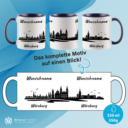 Tasse in Dunkelblau 330ml bedruckt mit der Skyline von Würzburg personalisierbar mit Wunschname