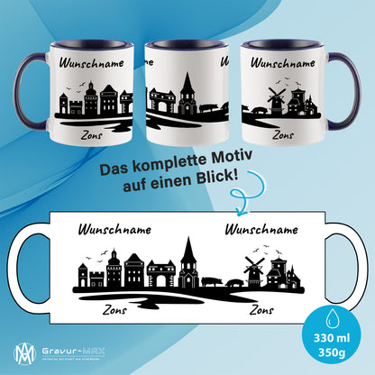Tasse in Dunkelblau 330ml bedruckt mit der Skyline von Zons (Dormagen) personalisierbar mit Wunschname