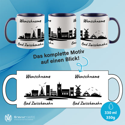 Tasse in Dunkelblau 330ml bedruckt mit der Skyline von Bad Zwischenahn personalisierbar mit Wunschname