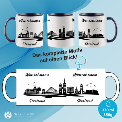 Tasse in Dunkelblau 330ml bedruckt mit der Skyline von Stralsund personalisierbar mit Wunschname