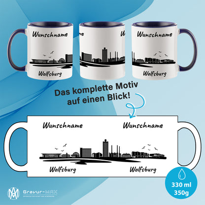 Tasse in Dunkelblau 330ml bedruckt mit der Skyline von Wolfsburg personalisierbar mit Wunschname
