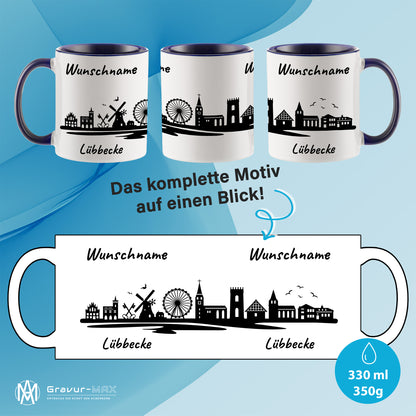 Tasse in Dunkelblau 330ml bedruckt mit der Skyline von Lübbecke personalisierbar mit Wunschname