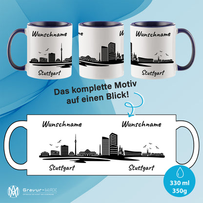 Tasse in Dunkelblau 330ml bedruckt mit der Skyline von Stuttgart personalisierbar mit Wunschname