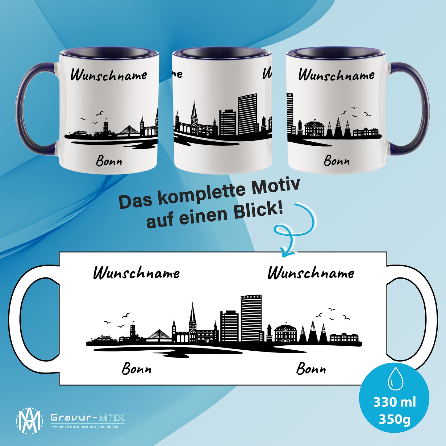 Tasse in Dunkelblau 330ml bedruckt mit der Skyline von Bonn personalisierbar mit Wunschname