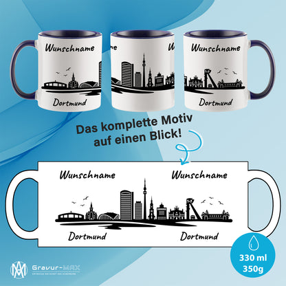 Tasse in Dunkelblau 330ml bedruckt mit der Skyline von Dortmund personalisierbar mit Wunschname