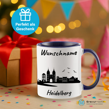 Tasse in Dunkelblau 330ml bedruckt mit der Skyline von Heidelberg personalisierbar mit Wunschname