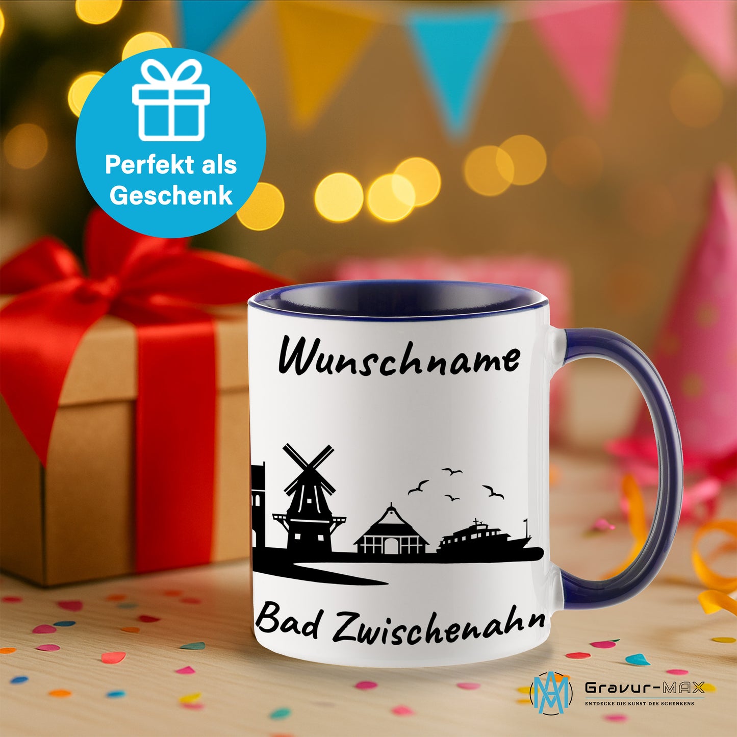 Tasse in Dunkelblau 330ml bedruckt mit der Skyline von Bad Zwischenahn personalisierbar mit Wunschname