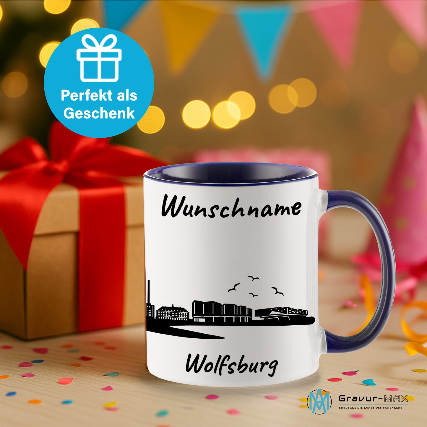 Tasse in Dunkelblau 330ml bedruckt mit der Skyline von Wolfsburg personalisierbar mit Wunschname