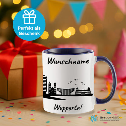 Tasse in Dunkelblau 330ml bedruckt mit der Skyline von Wuppertal personalisierbar mit Wunschname
