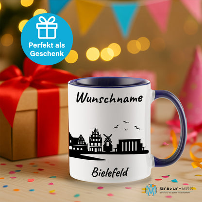 Tasse in Dunkelblau 330ml bedruckt mit der Skyline von Bielefeld personalisierbar mit Wunschname