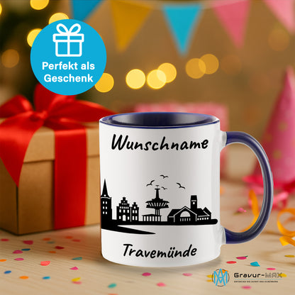 Tasse in Dunkelblau 330ml bedruckt mit der Skyline von Travemünde personalisierbar mit Wunschname