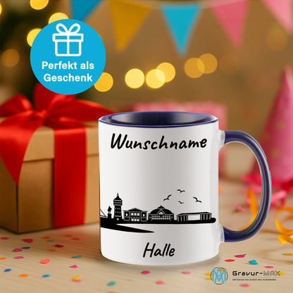 Tasse in Dunkelblau 330ml bedruckt mit der Skyline von Halle personalisierbar mit Wunschname