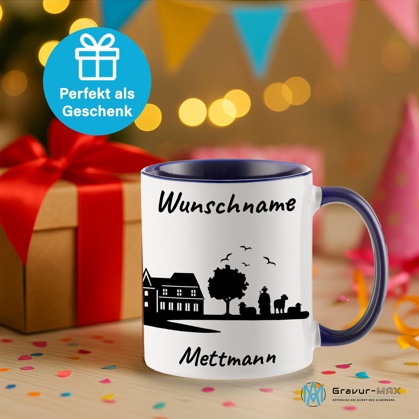 Tasse in Dunkelblau 330ml bedruckt mit der Skyline von Mettmann personalisierbar mit Wunschname