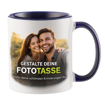 Personalisierte Fototasse selbst gestalten – in 13 ver. Farben mit eigenem Bild & Text | 3D Vorschau (330 ml)