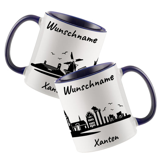 Tasse in Dunkelblau 330ml bedruckt mit der Skyline von Xanten personalisierbar mit Wunschname