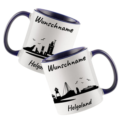 Tasse in Dunkelblau 330ml bedruckt mit der Skyline von Helgoland personalisierbar mit Wunschname