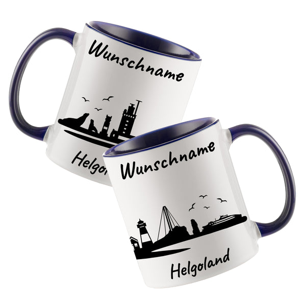 Tasse in Dunkelblau 330ml bedruckt mit der Skyline von Helgoland personalisierbar mit Wunschname