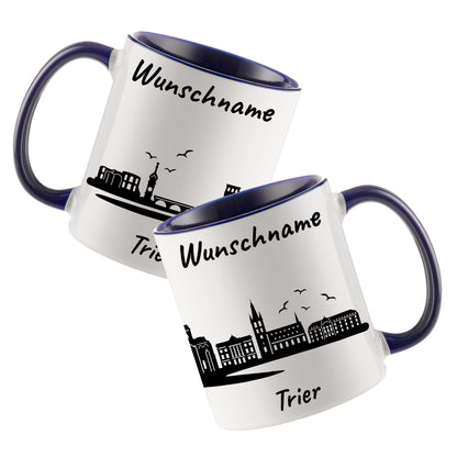Tasse in Dunkelblau 330ml bedruckt mit der Skyline von Trier personalisierbar mit Wunschname