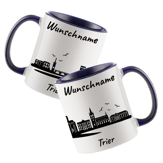 Tasse in Dunkelblau 330ml bedruckt mit der Skyline von Trier personalisierbar mit Wunschname