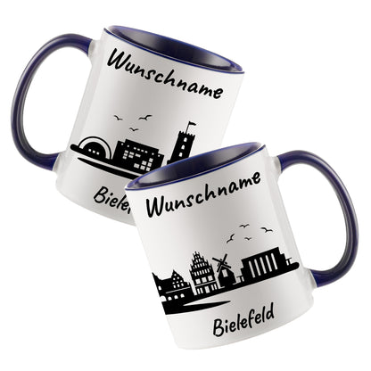 Tasse in Dunkelblau 330ml bedruckt mit der Skyline von Bielefeld personalisierbar mit Wunschname