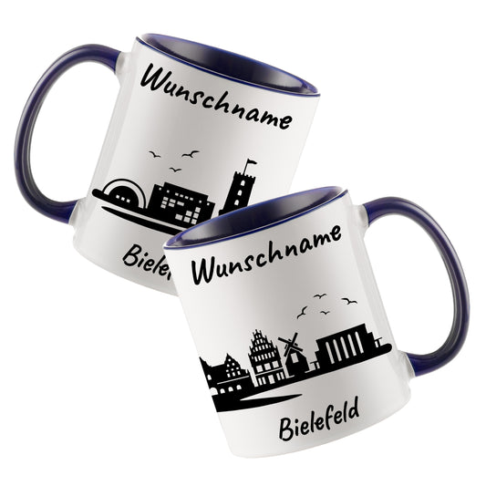 Tasse in Dunkelblau 330ml bedruckt mit der Skyline von Bielefeld personalisierbar mit Wunschname