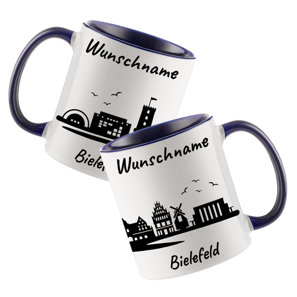 Tasse in Dunkelblau 330ml bedruckt mit der Skyline von Bielefeld personalisierbar mit Wunschname