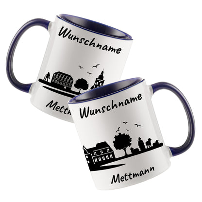 Tasse in Dunkelblau 330ml bedruckt mit der Skyline von Mettmann personalisierbar mit Wunschname