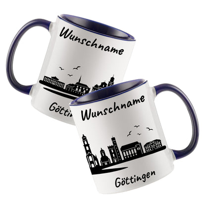Tasse in Dunkelblau 330ml bedruckt mit der Skyline von Göttingen personalisierbar mit Wunschname