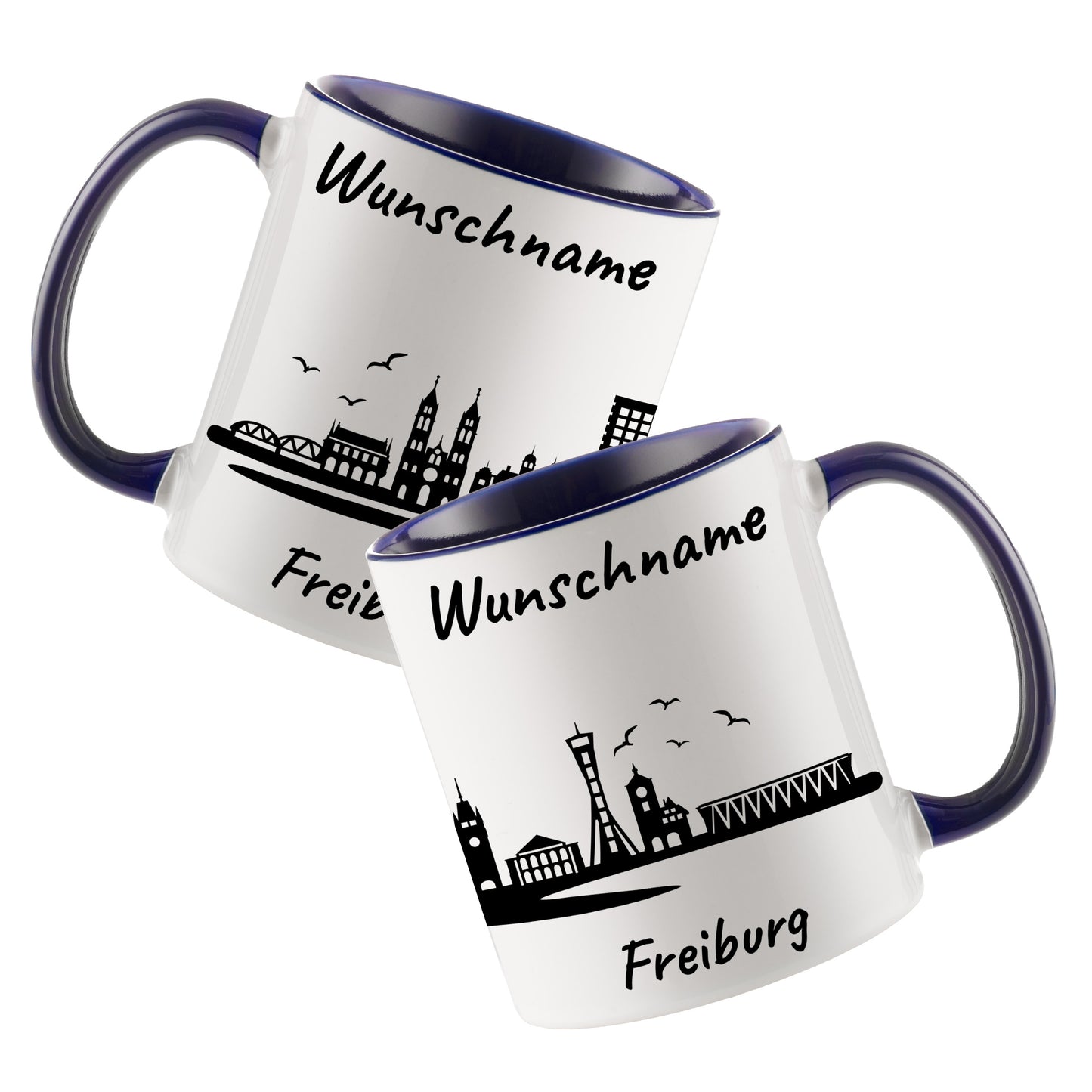 Tasse in Dunkelblau 330ml bedruckt mit der Skyline von Freiburg personalisierbar mit Wunschname