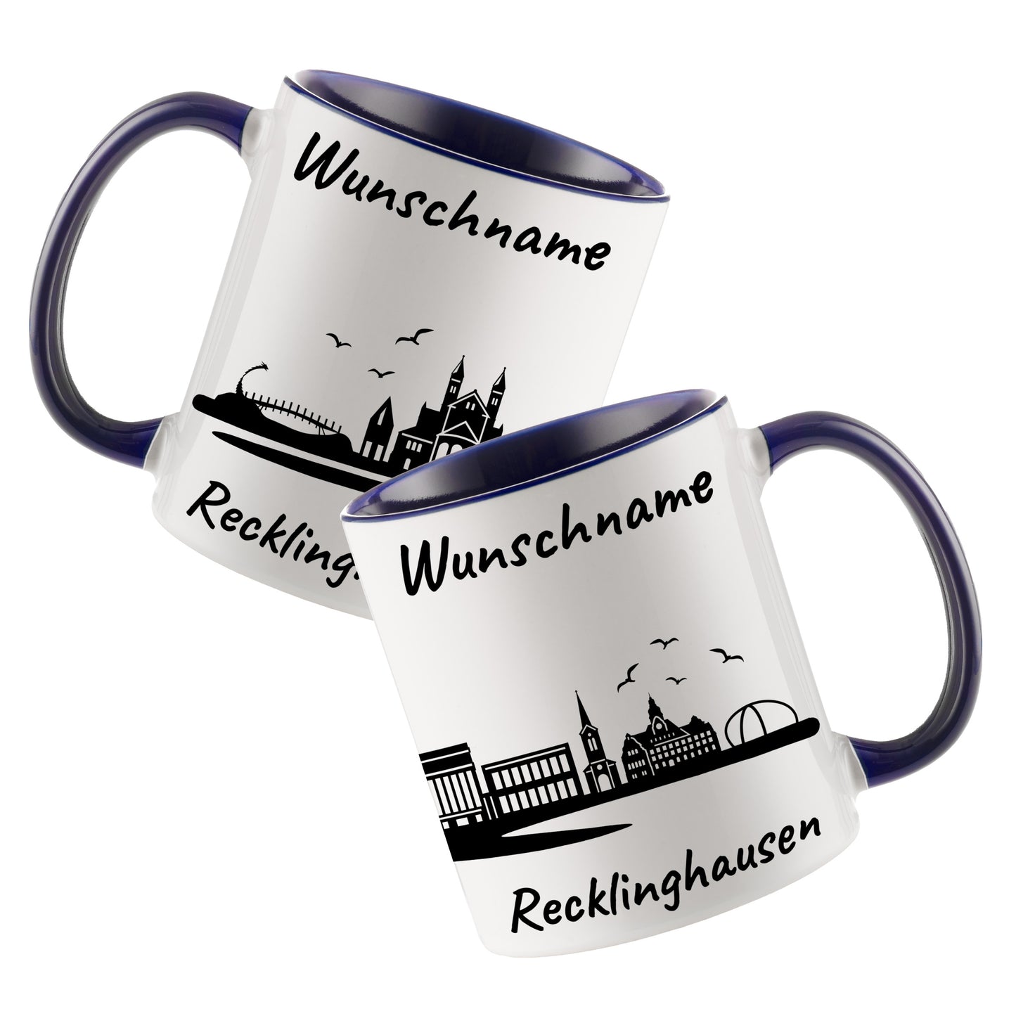 Tasse in Dunkelblau 330ml bedruckt mit der Skyline von Recklinghausen personalisierbar mit Wunschname