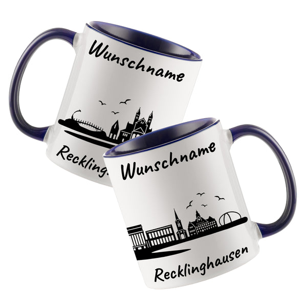 Tasse in Dunkelblau 330ml bedruckt mit der Skyline von Recklinghausen personalisierbar mit Wunschname