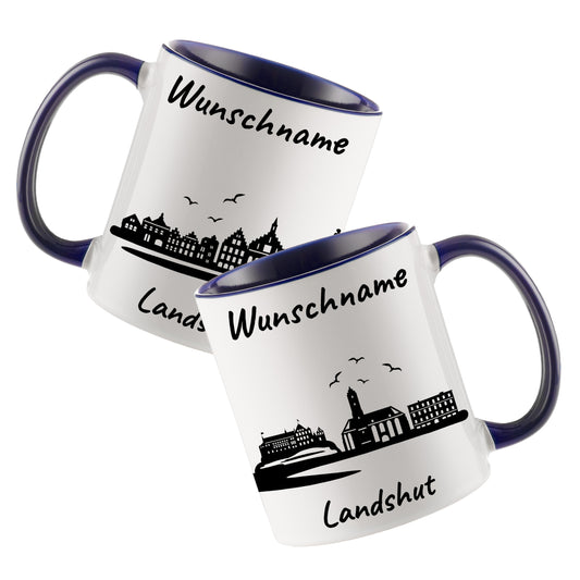 Tasse in Dunkelblau 330ml bedruckt mit der Skyline von Landshut personalisierbar mit Wunschname