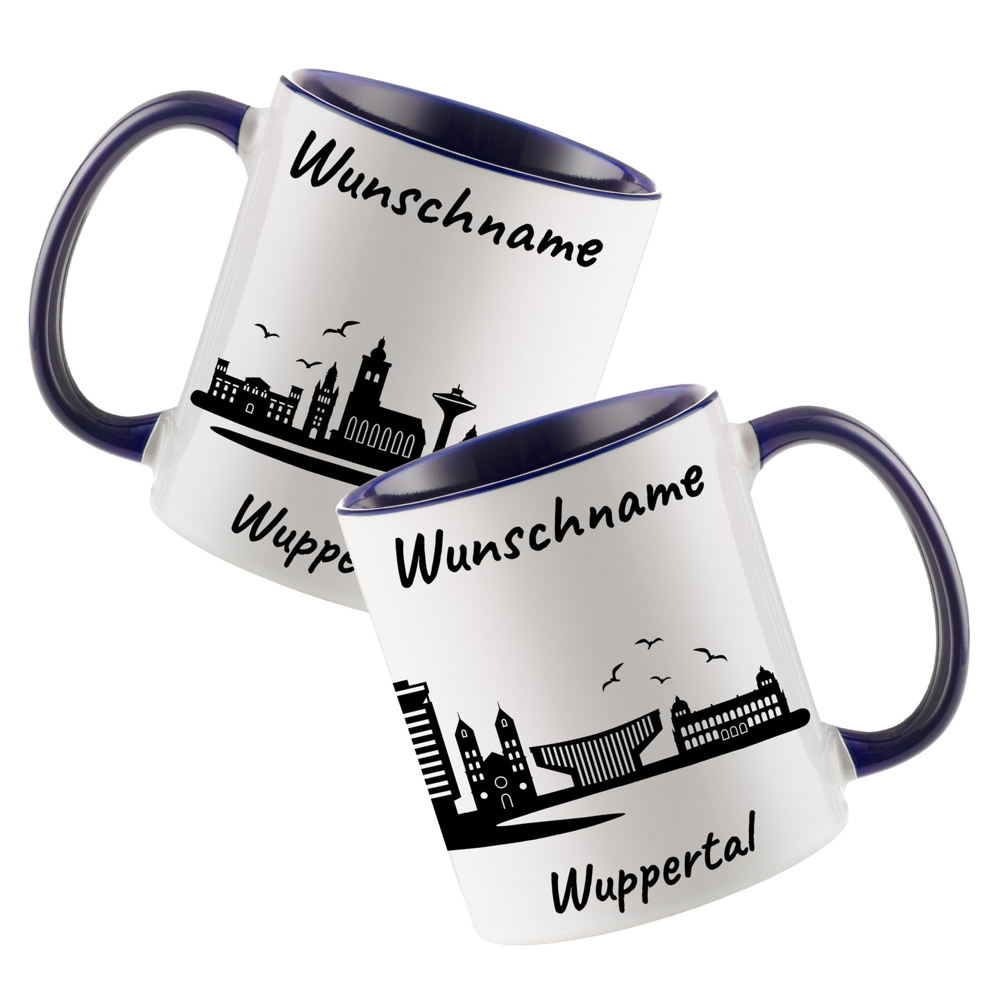 Tasse in Dunkelblau 330ml bedruckt mit der Skyline von Wuppertal personalisierbar mit Wunschname