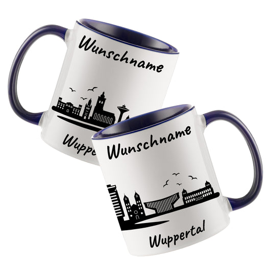 Tasse in Dunkelblau 330ml bedruckt mit der Skyline von Wuppertal personalisierbar mit Wunschname