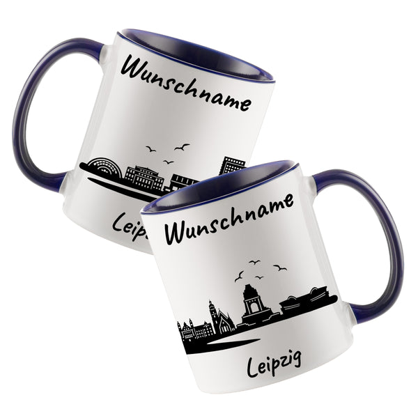 Tasse in Dunkelblau 330ml bedruckt mit der Skyline von Leipzig personalisierbar mit Wunschname