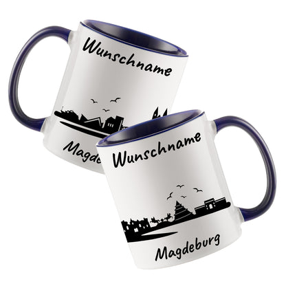 Tasse in Dunkelblau 330ml bedruckt mit der Skyline von Magdeburg personalisierbar mit Wunschname