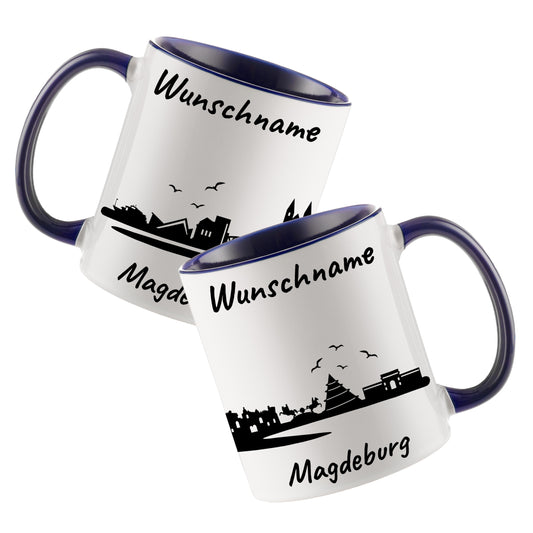 Tasse in Dunkelblau 330ml bedruckt mit der Skyline von Magdeburg personalisierbar mit Wunschname