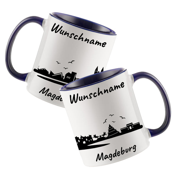 Tasse in Dunkelblau 330ml bedruckt mit der Skyline von Magdeburg personalisierbar mit Wunschname
