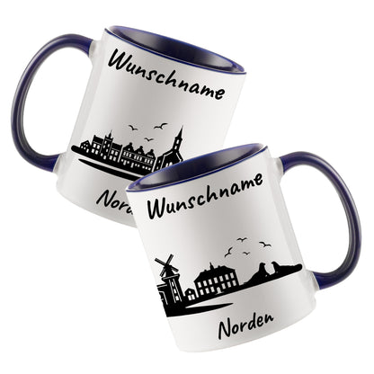 Tasse in Dunkelblau 330ml bedruckt mit der Skyline von Norden personalisierbar mit Wunschname