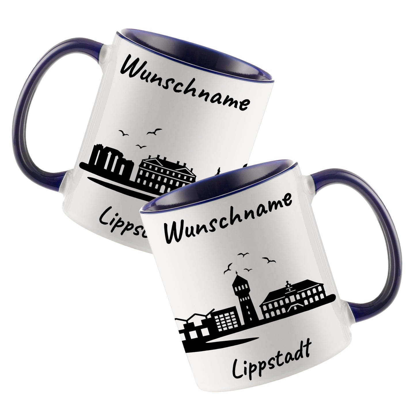 Tasse in Dunkelblau 330ml bedruckt mit der Skyline von Lippstadt personalisierbar mit Wunschname