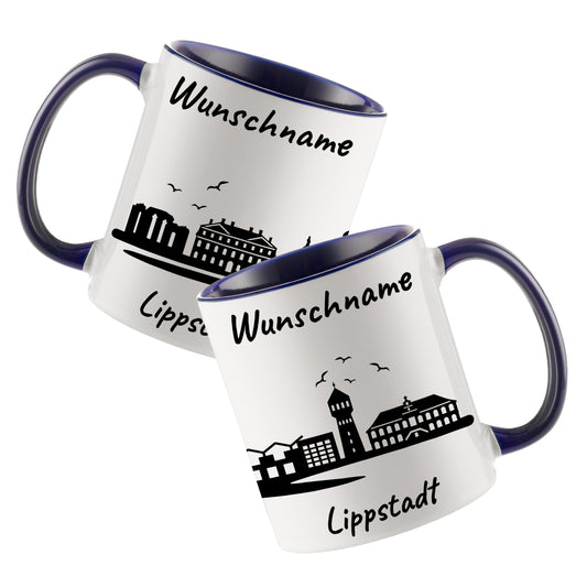 Tasse in Dunkelblau 330ml bedruckt mit der Skyline von Lippstadt personalisierbar mit Wunschname